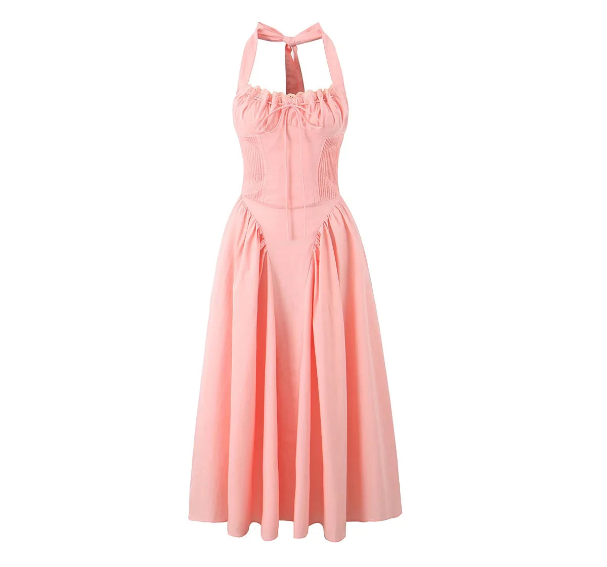 2024 Sexy Pink Corset Style Bow Halter Dress Spliced Lace Drawstring Rope Chest Pleated Slim Low Waist A-lined Swing Midi Robe