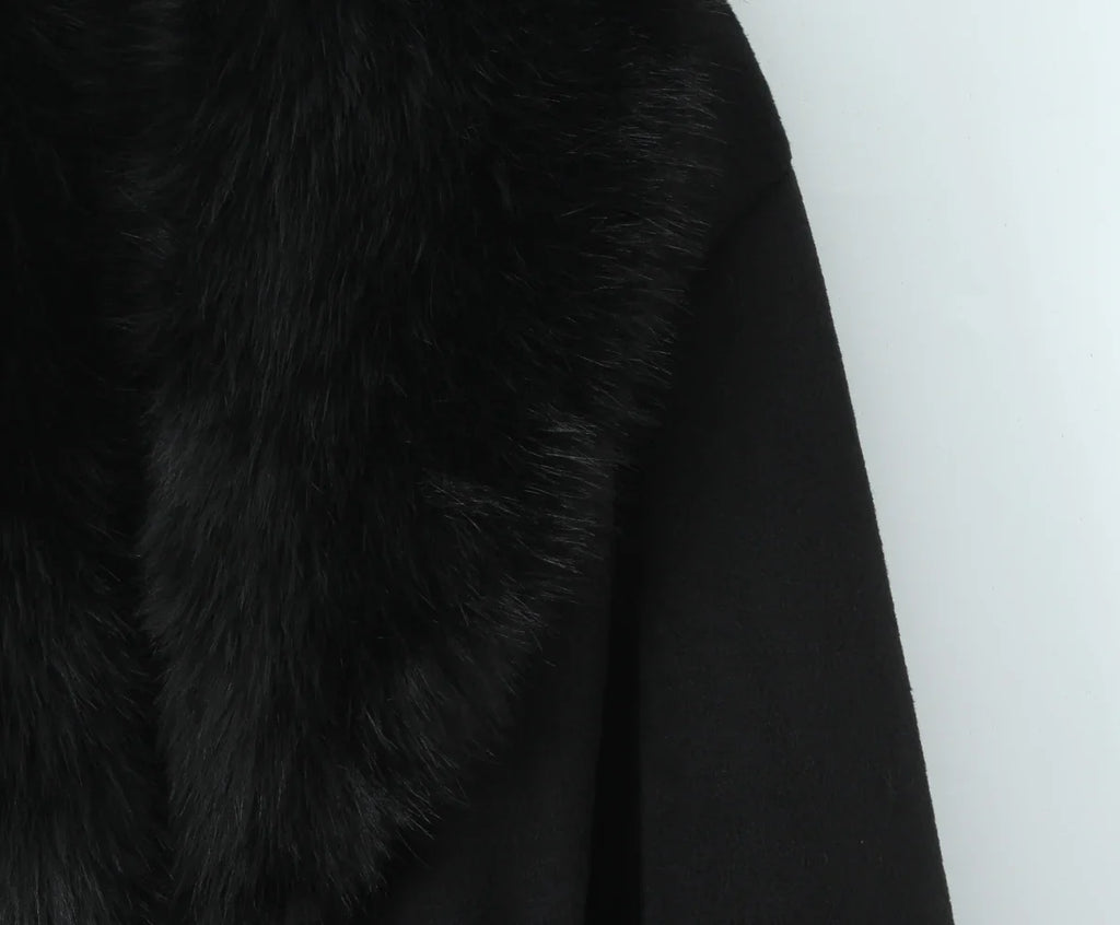 New Autumn Winter Black Shaggy Faux Fur Lapel Collar Woolen Coat Women Bow Sashes Long Sleeve No Button Midi Trench Outerwear
