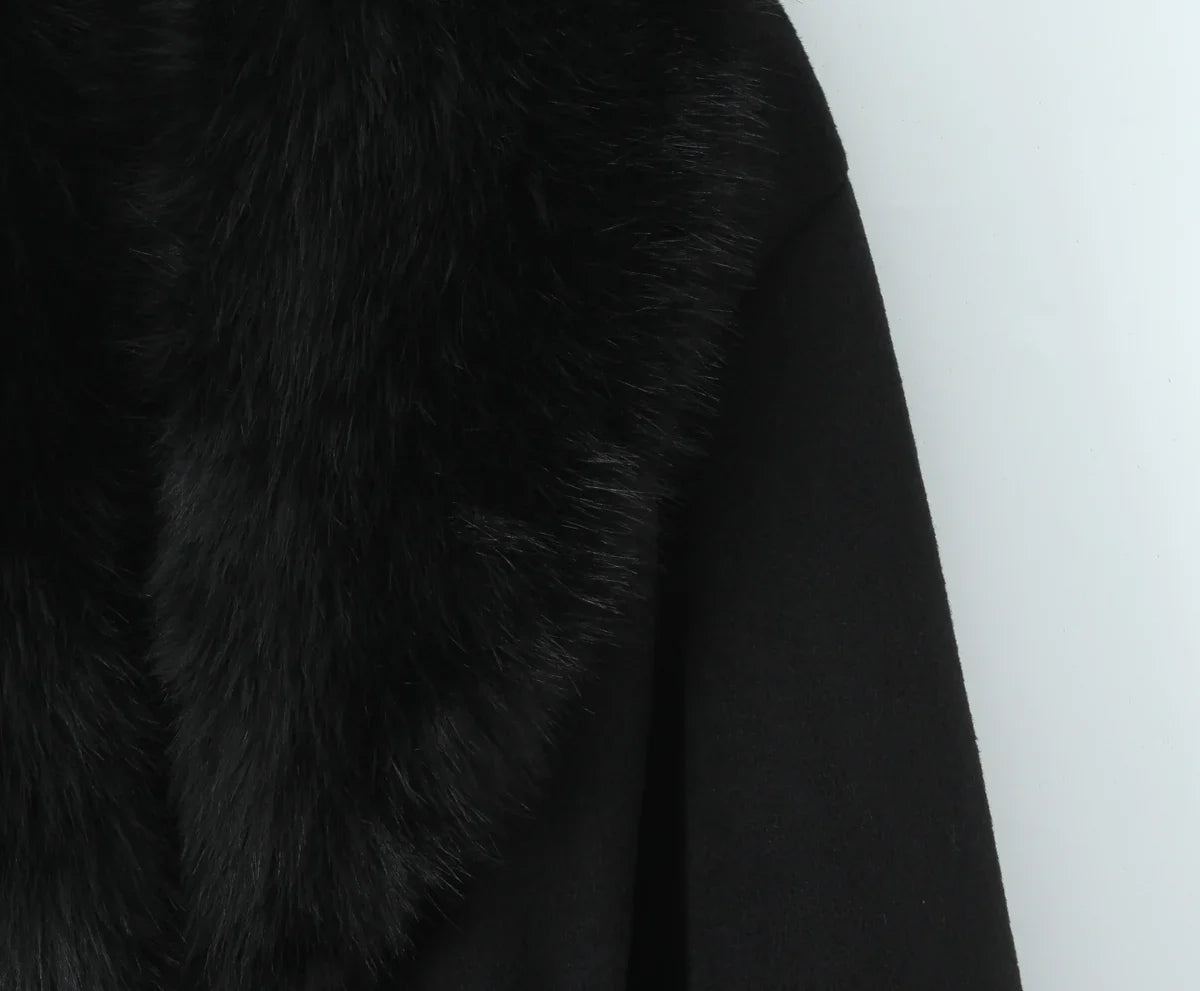 New Autumn Winter Black Shaggy Faux Fur Lapel Collar Woolen Coat Women Bow Sashes Long Sleeve No Button Midi Trench Outerwear