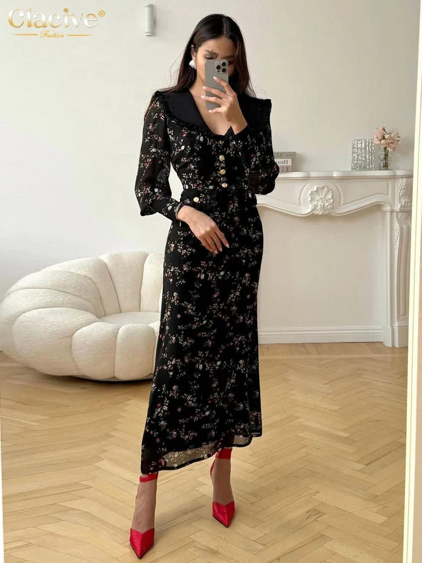 Clacive Fashion Slim Print Women's Dress 2025 Vintage Lapel Long Sleeve Ankle Length Dresses Elegant Classic Patchwork Female Dr