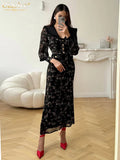 Clacive Fashion Slim Print Women's Dress 2025 Vintage Lapel Long Sleeve Ankle Length Dresses Elegant Classic Patchwork Female Dr