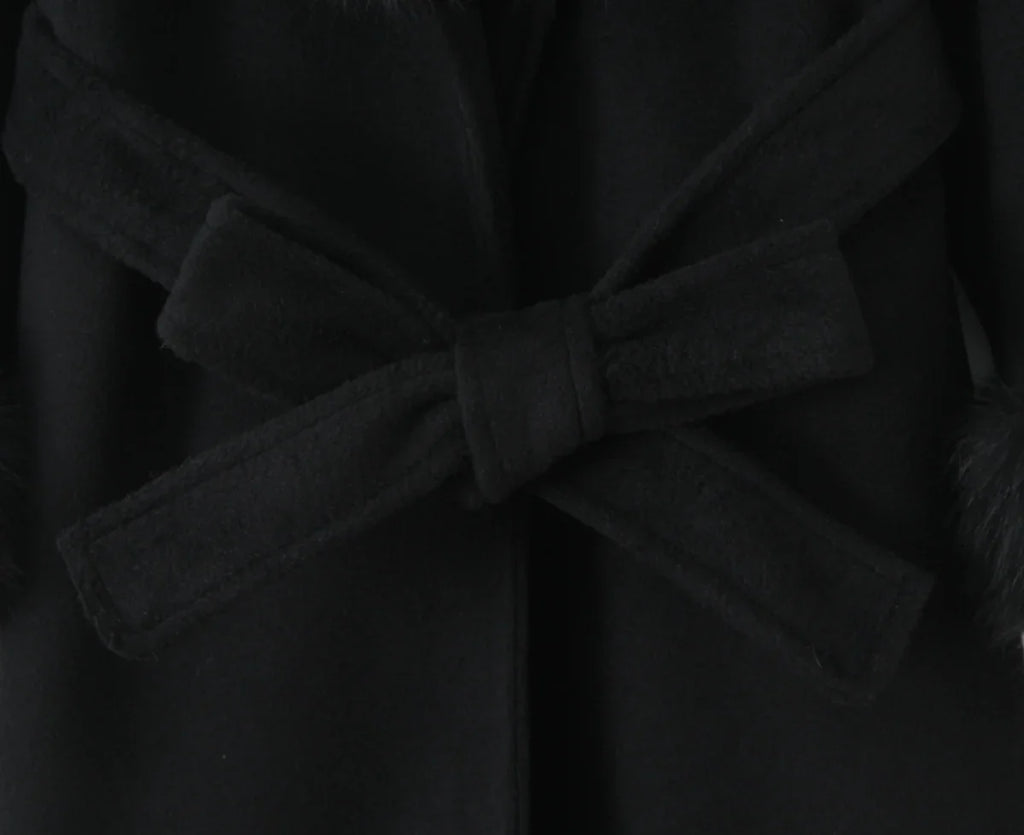 New Autumn Winter Black Shaggy Faux Fur Lapel Collar Woolen Coat Women Bow Sashes Long Sleeve No Button Midi Trench Outerwear