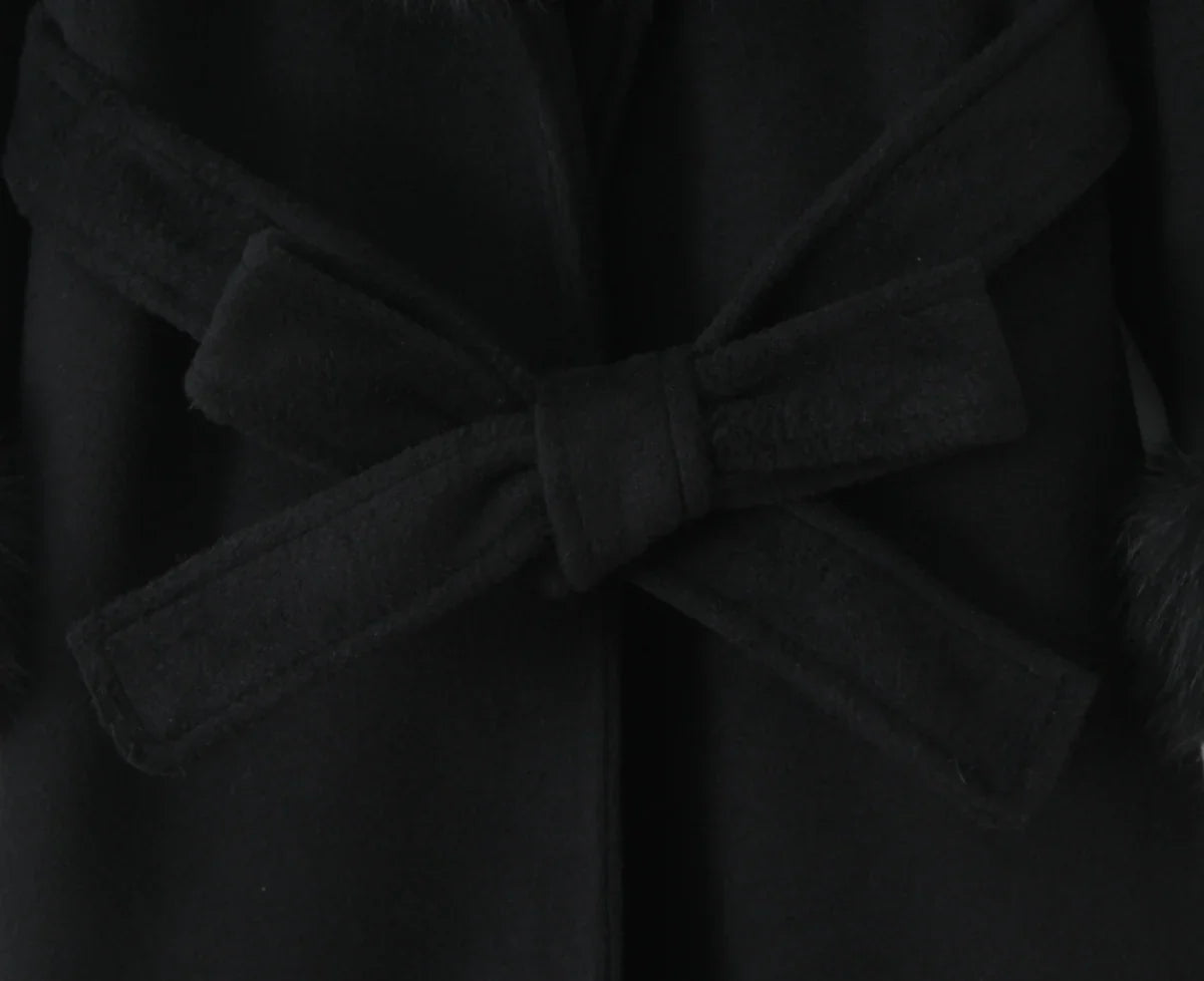 New Autumn Winter Black Shaggy Faux Fur Lapel Collar Woolen Coat Women Bow Sashes Long Sleeve No Button Midi Trench Outerwear