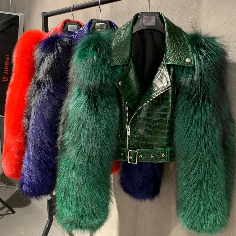 Women Leather Jacket Fur Sleeve Lady Jackets Leather Fur Fox Sleeve Ladies Biker Jacket Leather with Real Fur Sleeve 952-36