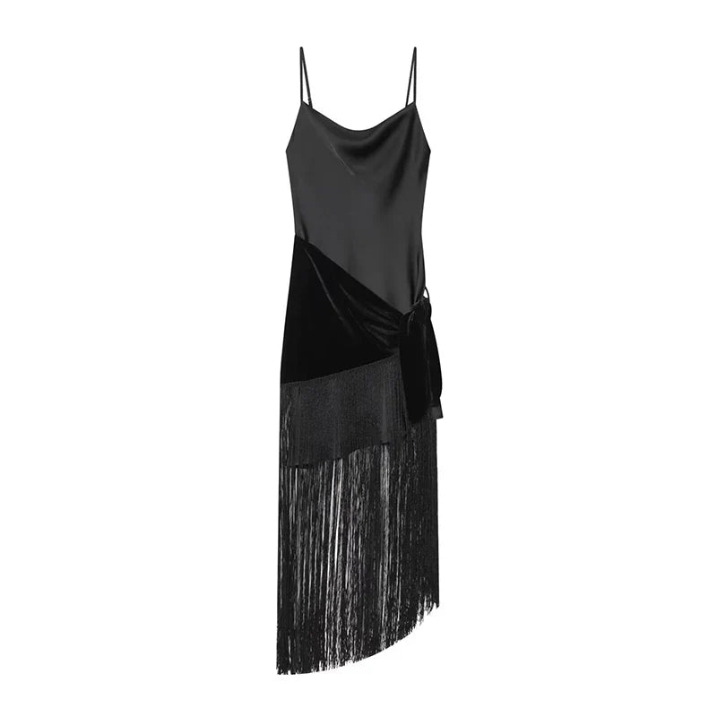YENKYE New 2026 Women Tassel Patchwork Satin Sling Sexy Dress Night Out Party Vestidos