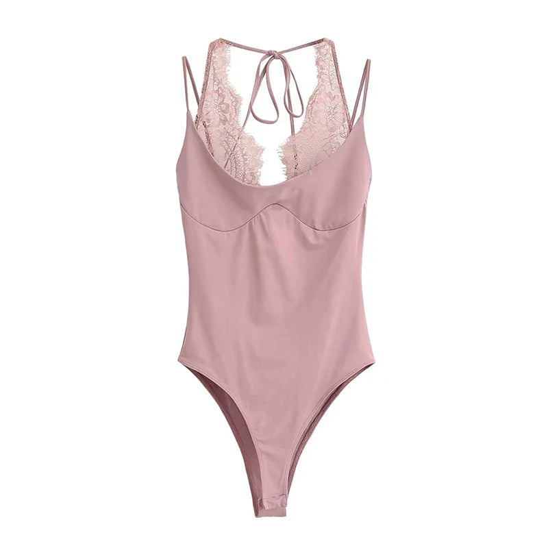 YENKYE Lace Patchwork Sexy Bodysuit Women O Neck Thin Straps Summer Tops