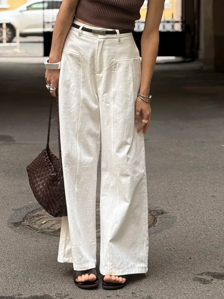 White Cotton Linen Pants Women Wide Leg Formal Trousers Summer Straight Leg Suit Pants High Waist Ladies Formal Pants Loose