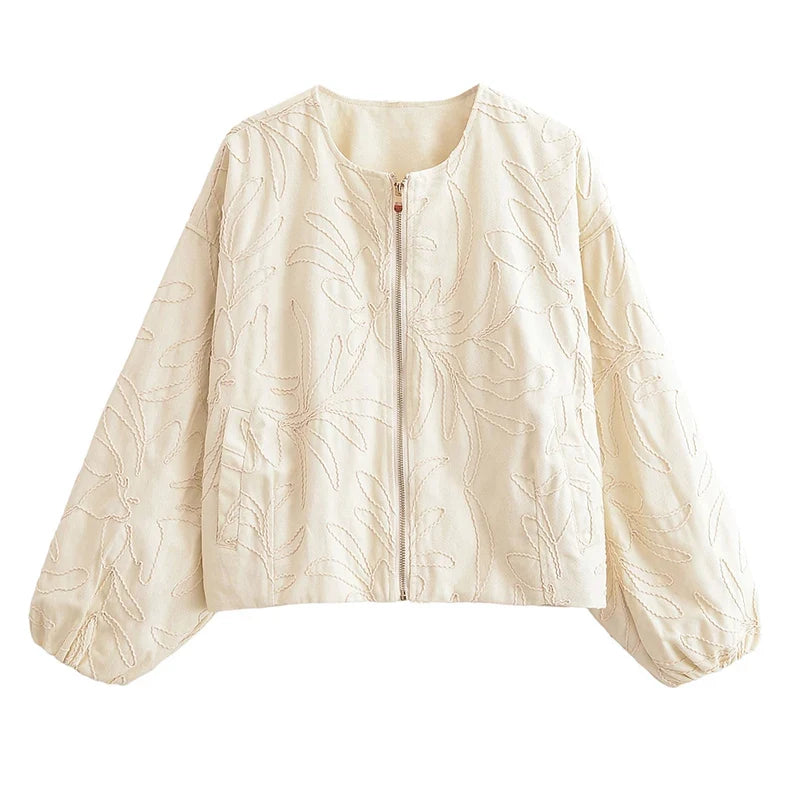 YENKYE 2025 Women O Neck Long Sleeve Embroidery Jacket Front Zipper Loose Crop Bomber Outerwear Lady Commuting Casual Outfits