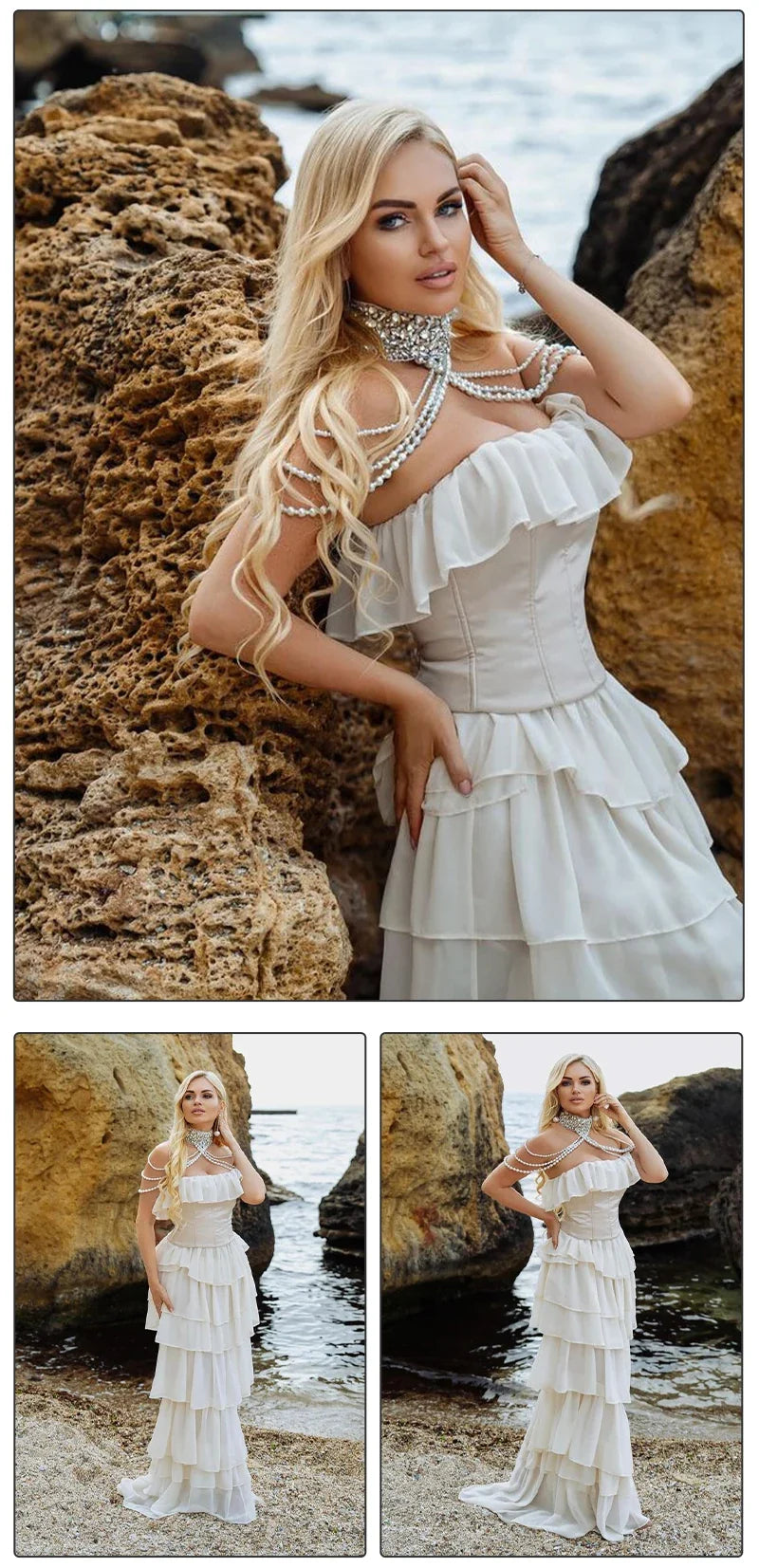 VC Sets For Women 2 Pieces Elegant And Pretty Lace-Up Corset And Slash Neck Long Cake Dress Set Chiffon Female Clothing