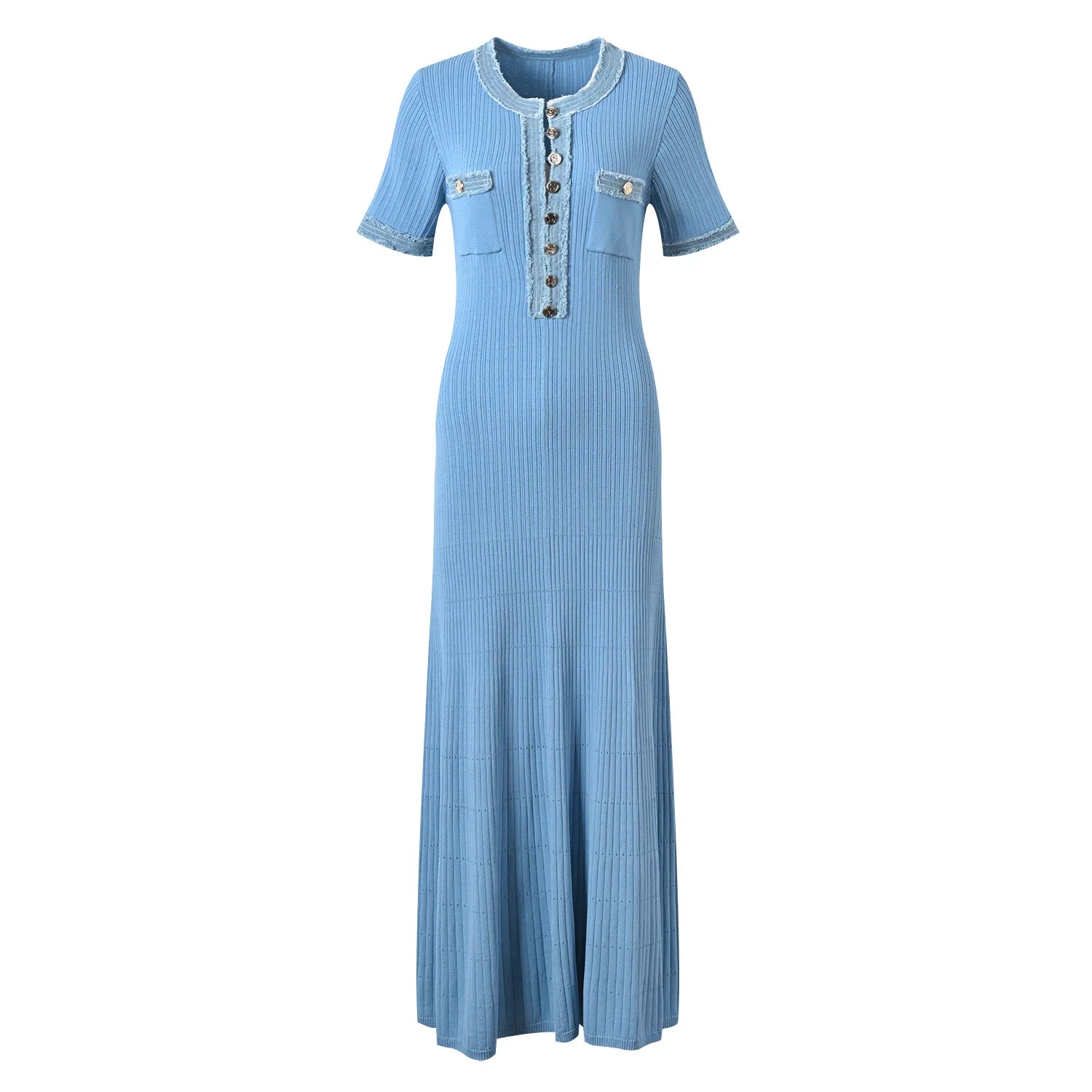 New Arrival O-neckline Women Knitted 2024 Spring Summer Elegant Short Sleeve Bodycon Ladies Fashion Single-breasted Maxi Dresses