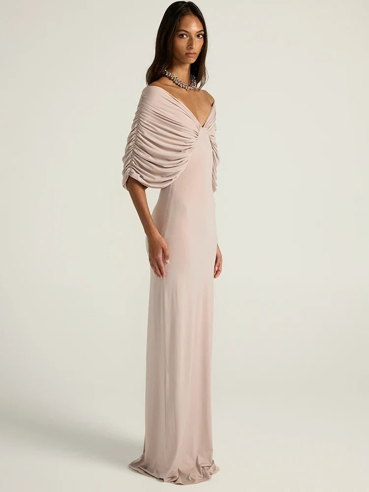 Mozision Women Off-shoulder Ruched Sexy Maxi Dress Elegant Deep V Neck Draped Sleeve Bodycon Club Party Long Dresses Female