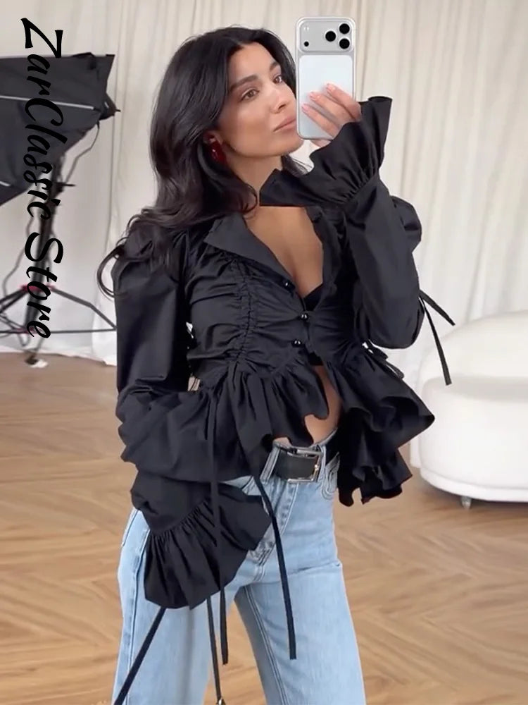 Fashion Street Ruffle Women's Blouse Solid Single Breasted Full Sleeve Pleated Cropped Shirt Lady New Casual Spring Clothing