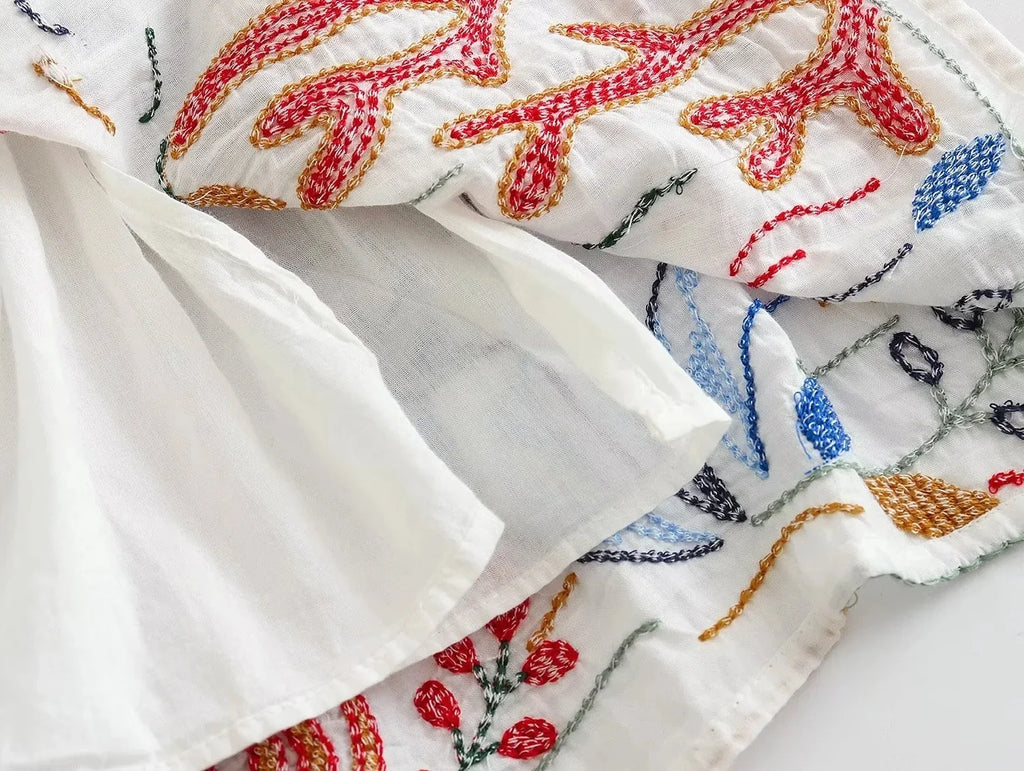 Foridol Marine Organism Embroidery Batwing Sleeve Summer Spring Maxi Skirt Set Cotton White Tassle Dress Set Outfits Button Suit