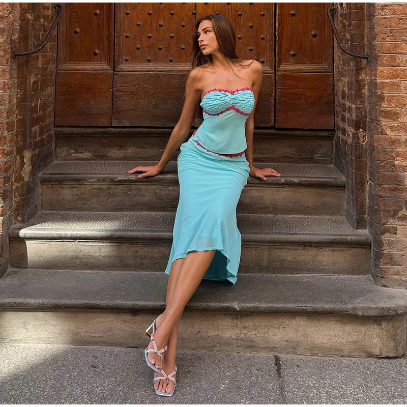 Sexy Sequins Cropped Top Long Skirt Sets Women Sleeveless Backless Lace Up Tank Slim Skirts 2026 Summer Beach Vacation Outfits