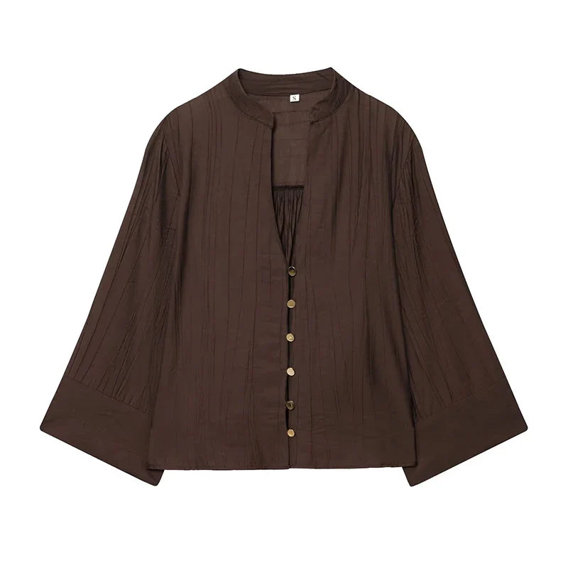 YENKYE Front Button V Neck Wide Sleeves Brown Shirt Women Casual Loose Autumn Blouse Blusas Mujer