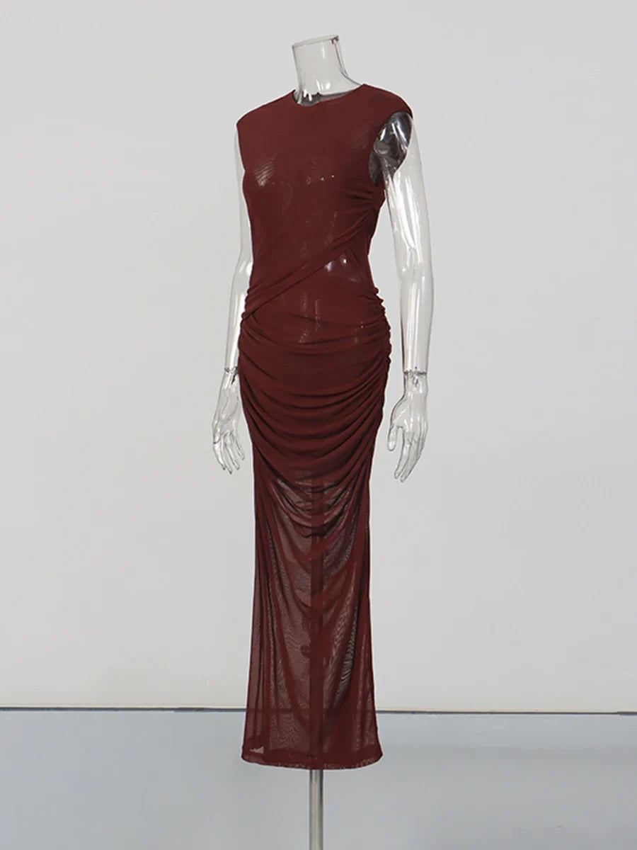 CHICEVER Solid Spliced Folds Chic Dress Female O Neck Sleeveless Slimming Intellectual Temperament Women's Dresses Summer Style