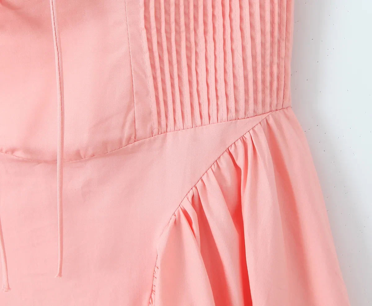 2024 Sexy Pink Corset Style Bow Halter Dress Spliced Lace Drawstring Rope Chest Pleated Slim Low Waist A-lined Swing Midi Robe
