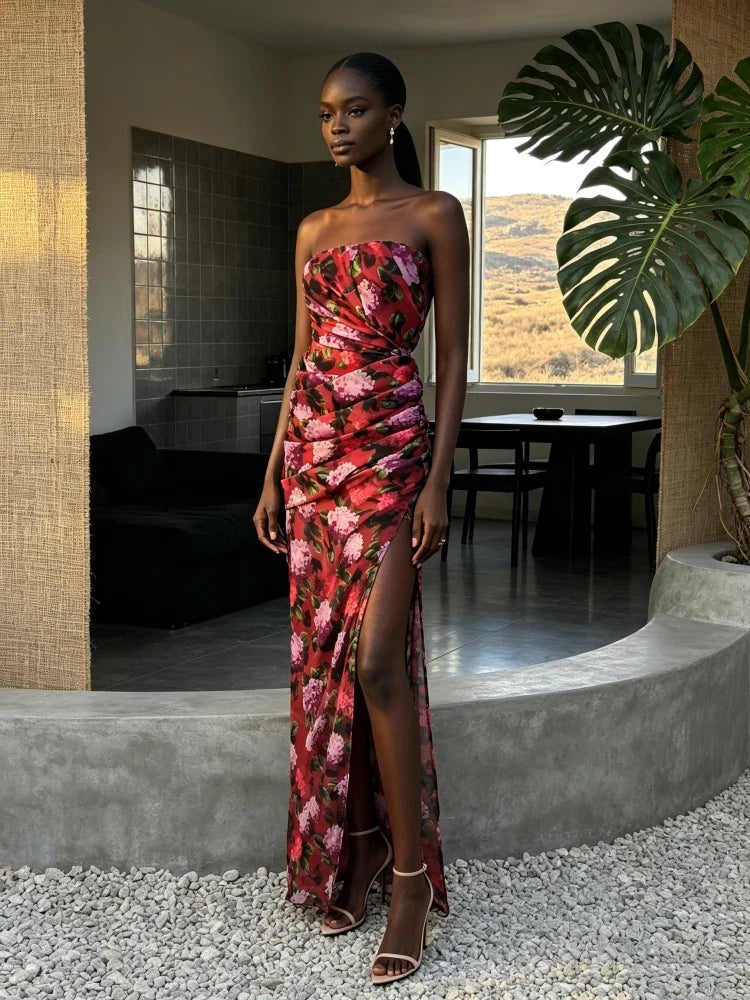 Sexy Strapless Printing Ruched Design Side Split Long Dress Women Sleeveless Printed Fods Slim Dresses Evening Party Nightclub