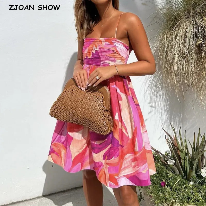 2023 Holiday Tie-dye Flower Print Slash Collar Ruched Chest Mini Sling Dress Sexy Low Back Backless Robe BOHO Summer Vestido