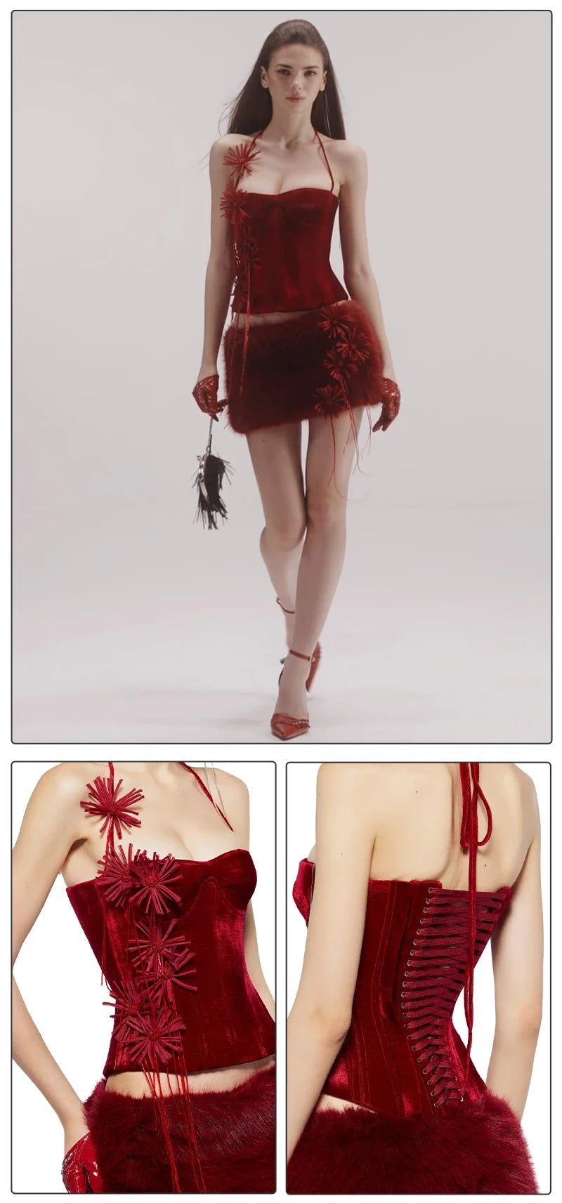 VC Structured Flowers Skirt Two Piece Set Halter Floral Black Red Corset Top With Mini Skirt Lace-up Suit Celebrity Party Wear