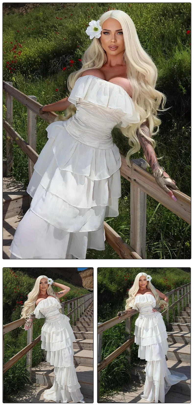 VC Sets For Women 2 Pieces Elegant And Pretty Lace-Up Corset And Slash Neck Long Cake Dress Set Chiffon Female Clothing
