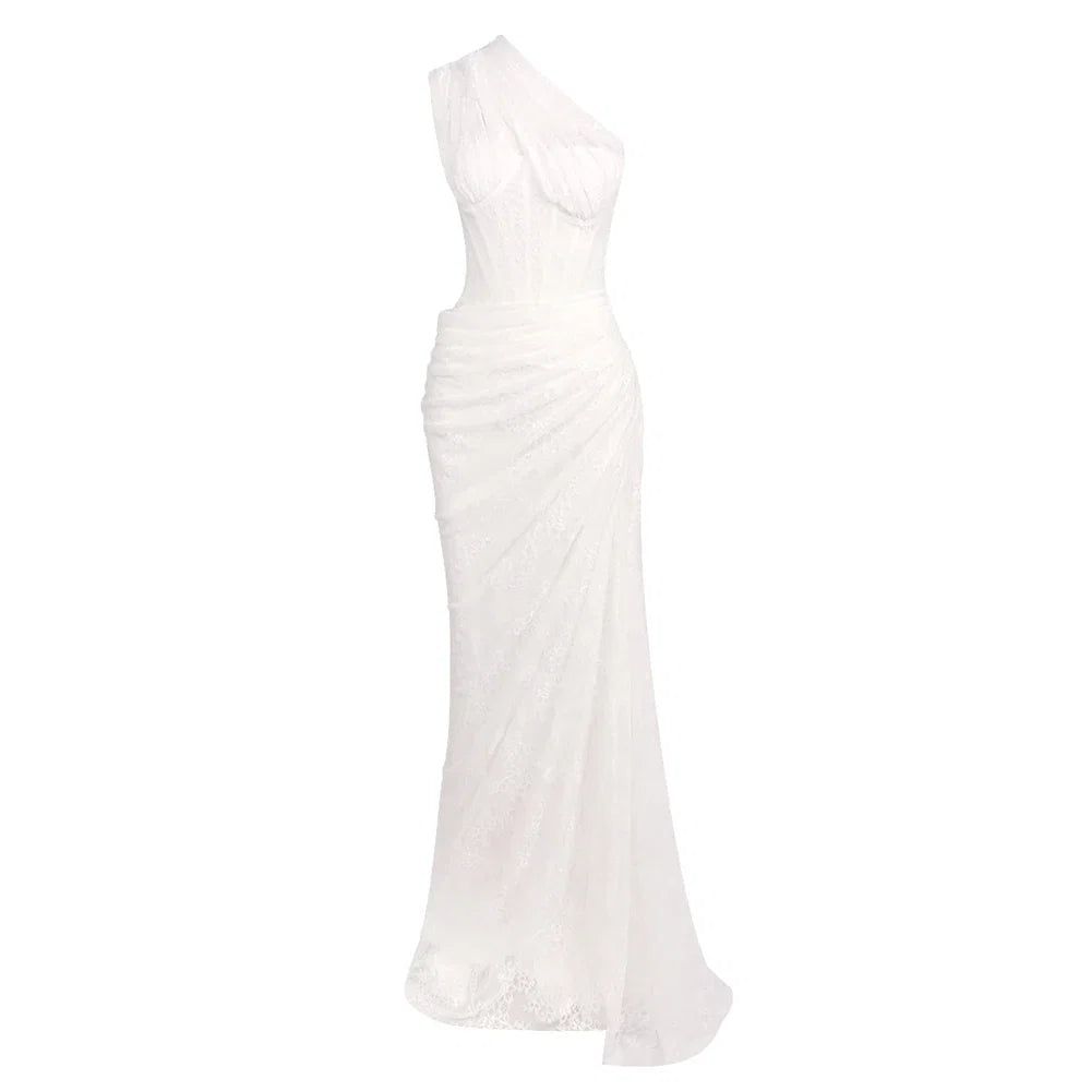 VC 2026 Yellow One Shoulder Corset Lace Maxi Dress For Women Side Ruched High Slit Wedding Guest Bridesmaid Formal Dress