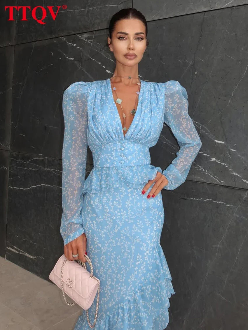 TTQV Fashion Slim Print Women's 2-Piece Sets 2026 Sexy Long Sleeve Crop Top With High Waist Long Skirt Set Female Clothing