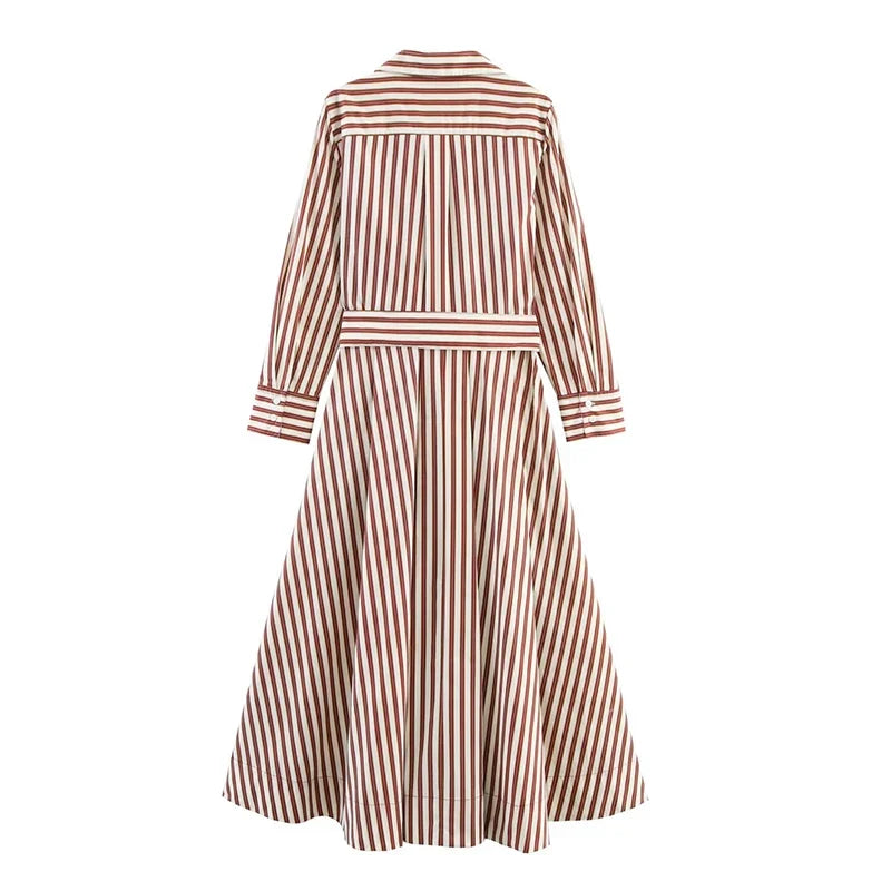 YENKYE  Front Button Striped Shirt Dress For Women Long Sleeve  With Belt A-line Midi Autumn Dresses Office Casual Vestidos