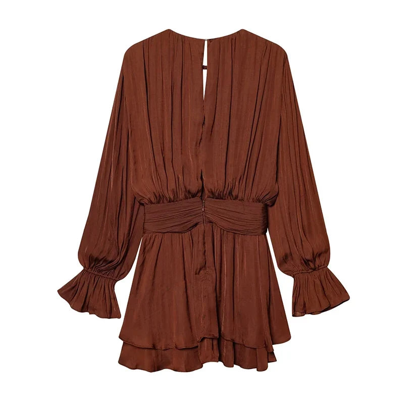 YENKYE New 2026 Women Pleated Satin Mini Dress Long Sleeve Spring Vestidos Casual Outings