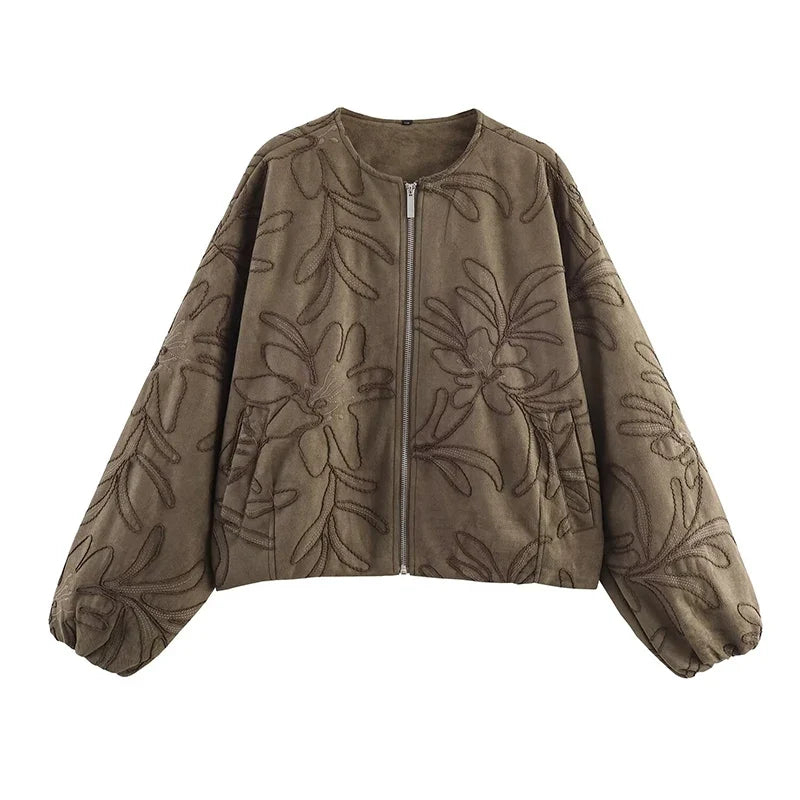 YENKYE 2025 Women Faux Suede Embroidery Bomber Jacket Vintage Long Sleeve O Neck Loose Outerwear Short Autumn Winter Coat