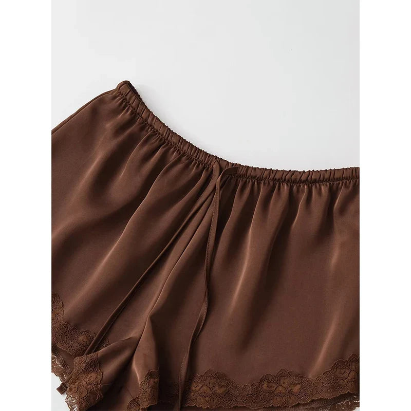 YENKYE New 2026 Women Lace Trim Satin Mini Shorts Elastic Waist With Drawstring Casual Summer Shorts