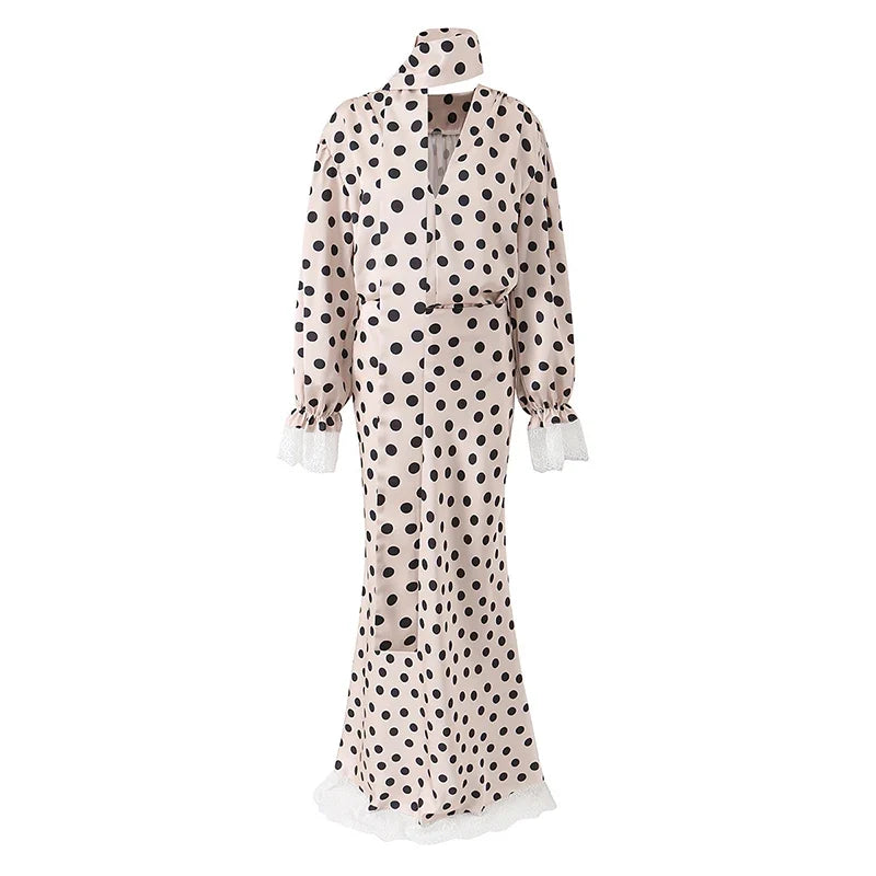 2026 New Women's Polka Dot 2 Piece Outfit V Neck With Scarf Blouse + High Waist Lace Trim Mermaid Maxi Skirt Elegant Vintage Set