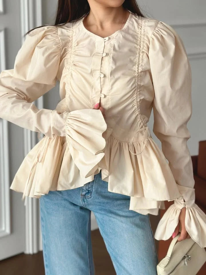 Fashion Street Ruffle Women's Blouse Solid Single Breasted Full Sleeve Pleated Cropped Shirt Lady New Casual Spring Clothing