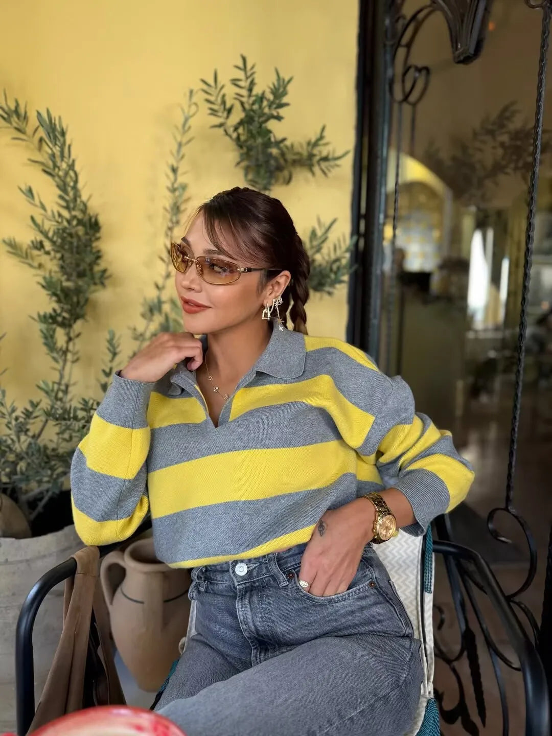 YENKYE 2025 Women Striped Knit Polo Neck Sweater Long Sleeve Casual Loose Autumn Pullover Tops