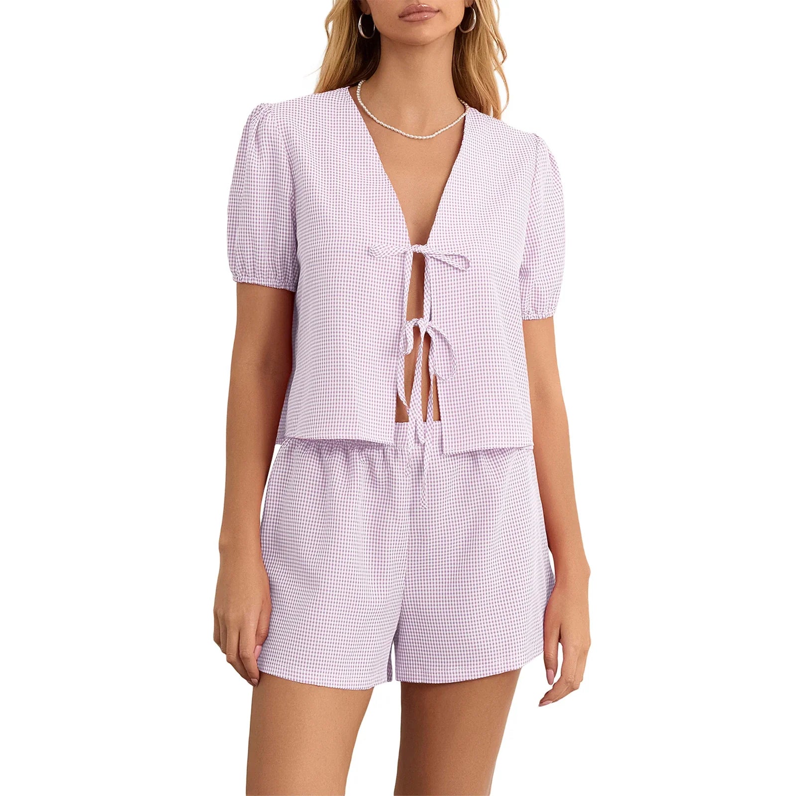 Maemukilabe Y2K Vintage Plaid Outfit Loose V Neck Puff Sleeve Front Tie-Up Blouse Top + Shorts Women 2 Piece Lounge Matching Set