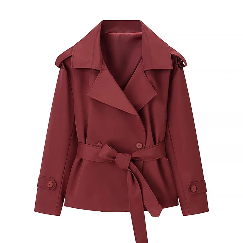 Street Lace Up Trench Coats Women Long Sleeve Lapel Waist Cinching Cropped Windbreaker Female Autumn Lady Elegant Casual Jacket