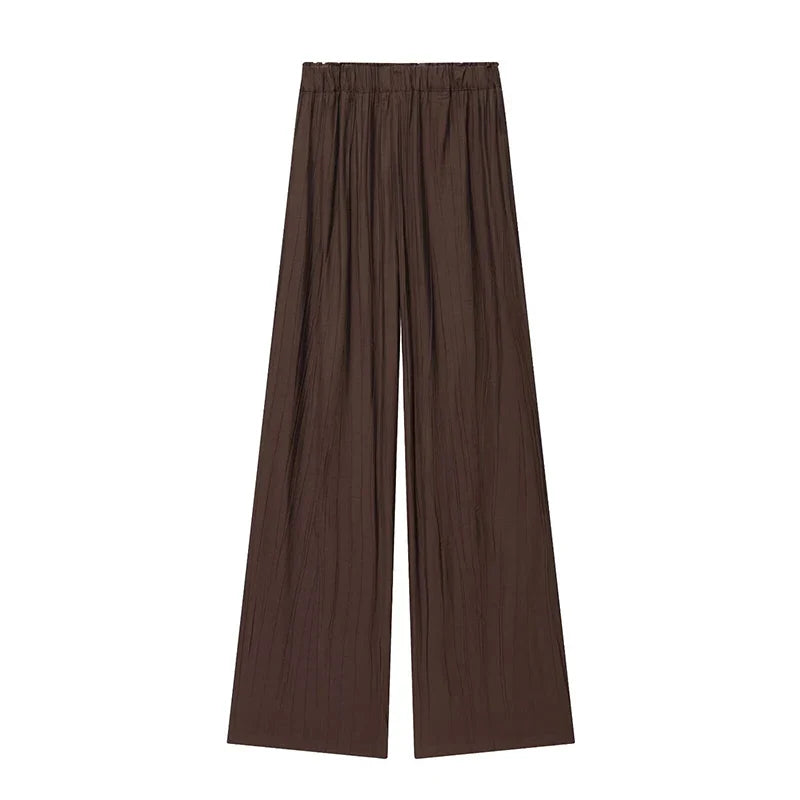 YENKYE Drawstring Elastic High Waist Brown Wide Leg Pants For Women Casual Loose Trousers pantalones de mujer