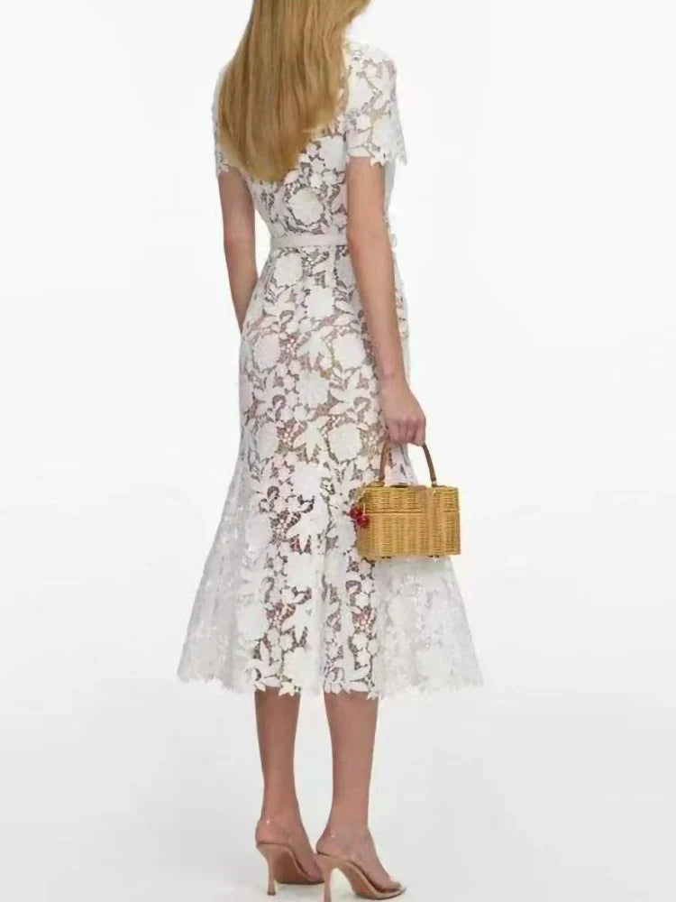 Fashion White Water-soluble Lace Fishtail Dress Women Elegant Temperament Turn-down Collar Slim Single-breasted Robe With Belt
