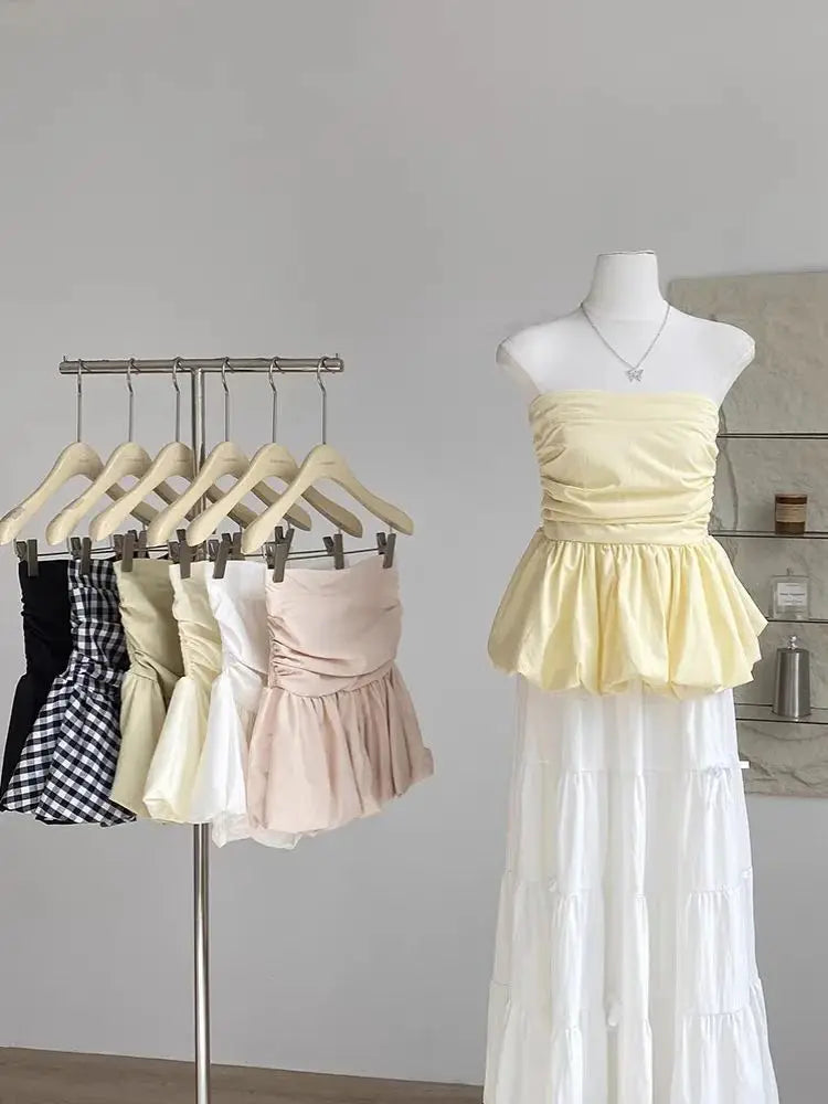 Ruffle Peplum Tube Cami Top: Waist-Cinching Sleeveless Crop Top Korean Style Chic Summer 2025 Bandeau For Petite Girl