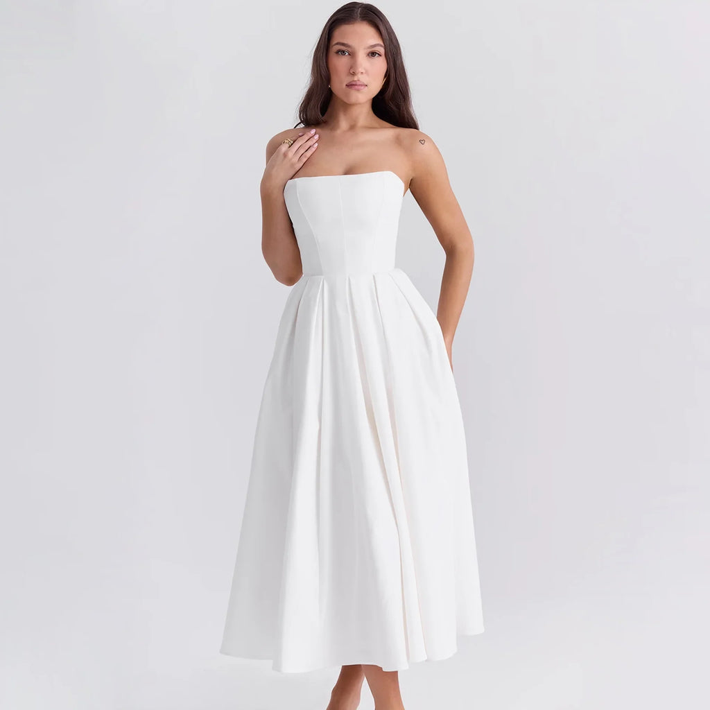 Suninheart Summer Vestidos De Fiesta 2024 New in Elegant Strapless Flare Dress White Sexy Corset Dress Night Party Dresses Women