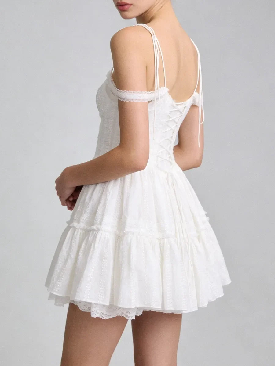 TWOTWINSTYLE Solid Spliced Embroidery Sweet Dresses for Women Square Neck Sleeveless High Waist Patchwork Strap Dress Female New