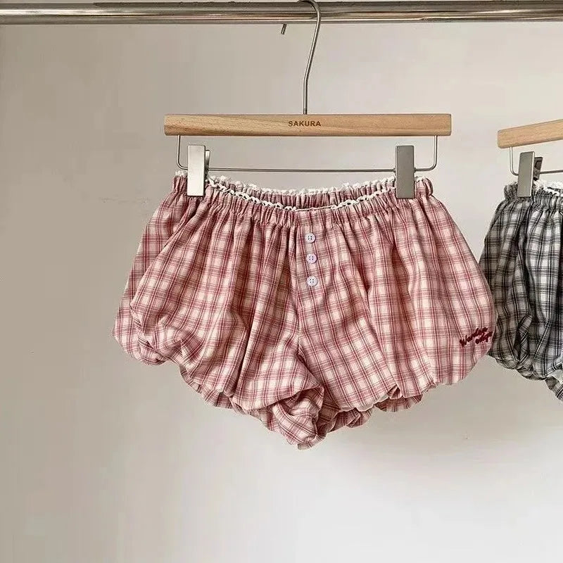 Womens Plaid Bubble Shorts Elastic Waist Bloomer Shorts Casual Short Pants Summer Streetwear