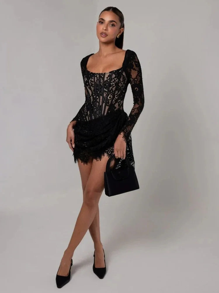 Sexy Long Sleeve Lace Corset Draped Mini Dress Women Black Square Collar Backless Ruched Bodycon Celebrity Party Runway Dress
