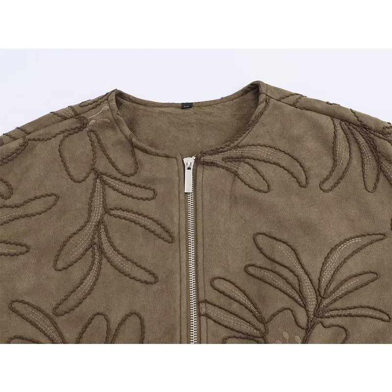 YENKYE 2025 Women Faux Suede Embroidery Bomber Jacket Vintage Long Sleeve O Neck Loose Outerwear Short Autumn Winter Coat