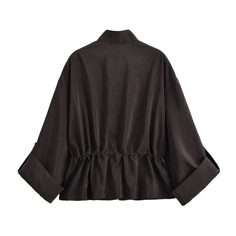YENKYE Adjustable Drawstring Waist  Safari Jacket For Women Long Sleeve Stand Collar Autumn Coat Female Streetwear