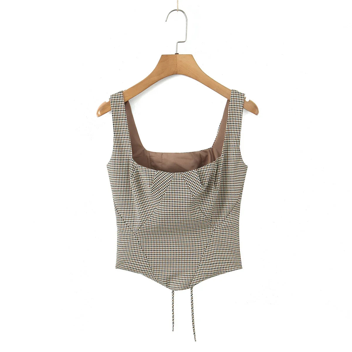 YENKYE 2025 Women Versatile Slim Brown Plaid Tight Corset Top Lacing Up Bandage Back High Street Summer Tank Top