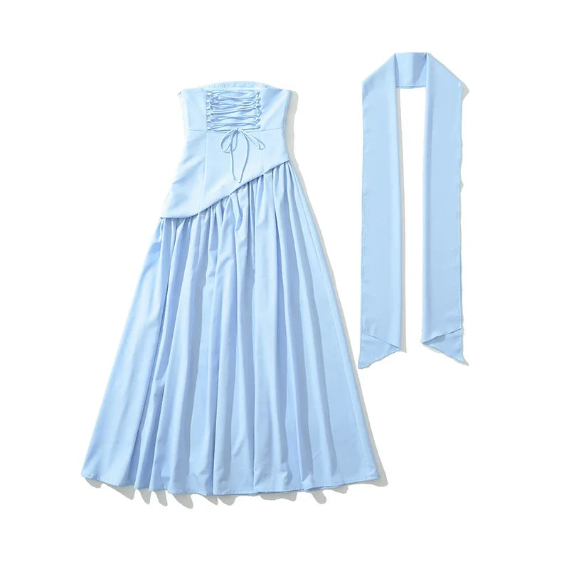 Women Light Blue Strapless Long Dress Asymmetrical Ruched Sexy Slit Lace Up Party Dresses Elegant Formal Evening Gown With Scarf