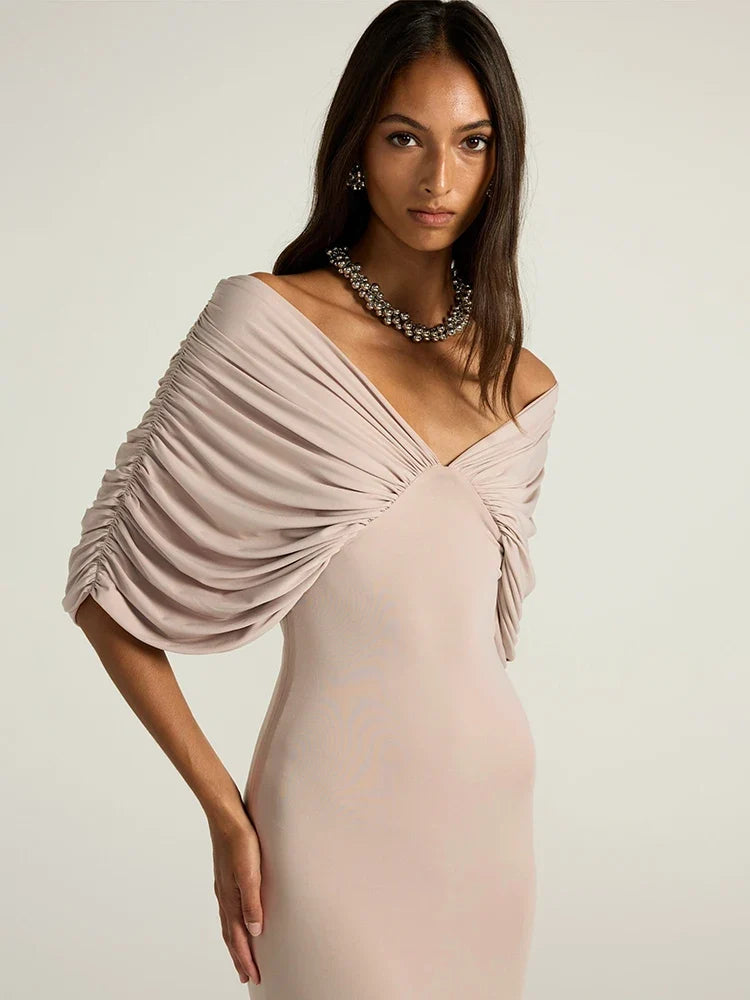 Mozision Women Off-shoulder Ruched Sexy Maxi Dress Elegant Deep V Neck Draped Sleeve Bodycon Club Party Long Dresses Female