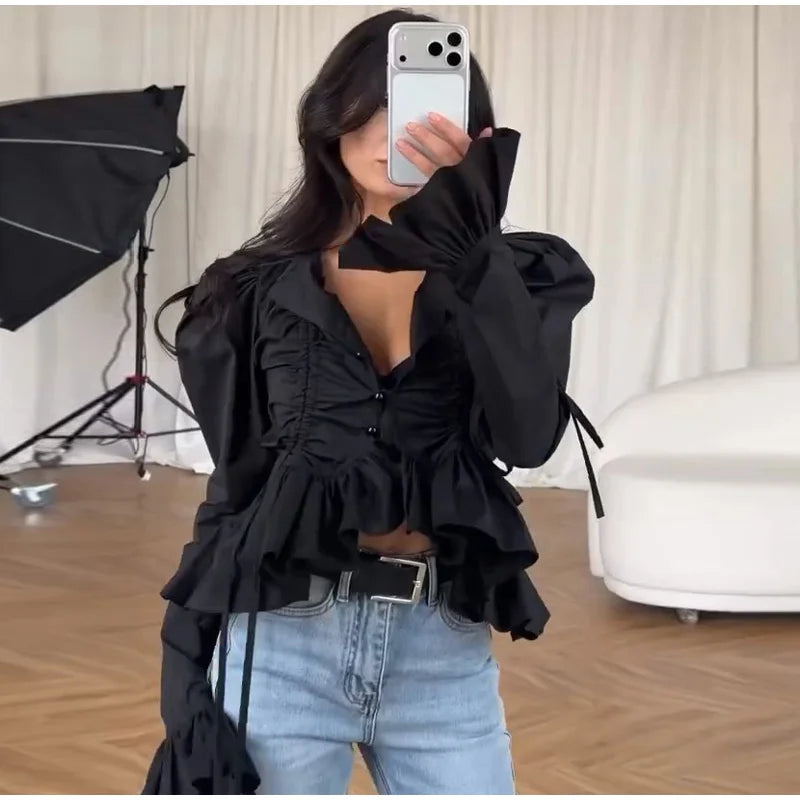 Fashion Street Ruffle Women's Blouse Solid Single Breasted Full Sleeve Pleated Cropped Shirt Lady New Casual Spring Clothing