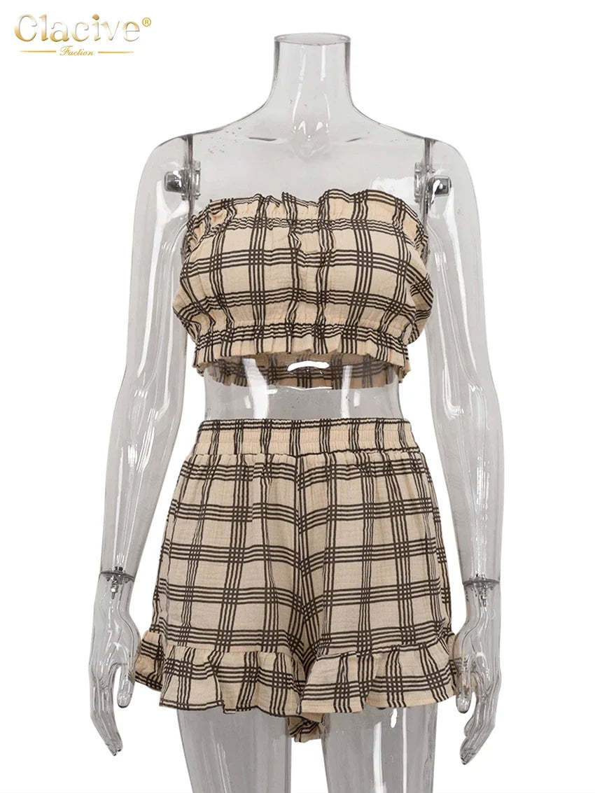 Clacive Fashion Loose Plaid Cotton Shorts Sets For Women 2 Piece Elegant Long Sleeve Shirt + Tube Top With High Waist Shorts Set
